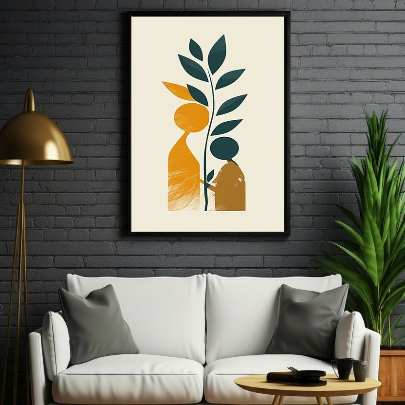Wadi Home abstract wall art featuring two figures and a plant in ochre and teal tones on a cream background.