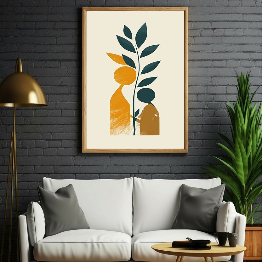 Wadi Home abstract wall art with ochre figures and teal plant on cream background, modern minimalist style.