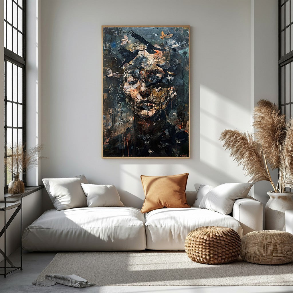 Wadi Home abstract portrait wall art with a human face and birds, dark colors, textured details.