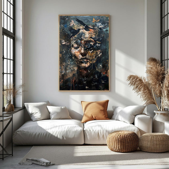 Wadi Home abstract portrait wall art with a human face and birds, dark colors, textured details.