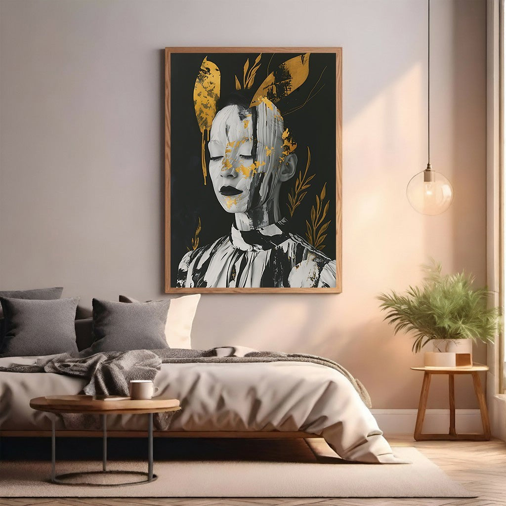 Wadi Home abstract portrait art with gold leaf accents, monochrome face with closed eyes, textured style, framed wall art.