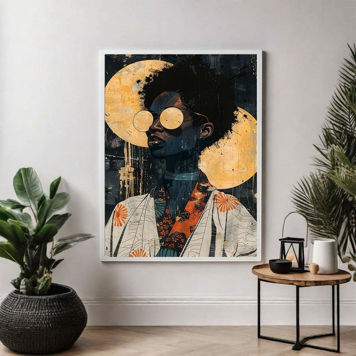 Wadi Home abstract portrait art print of a person with afro hair and sunglasses against a textured golden moon.