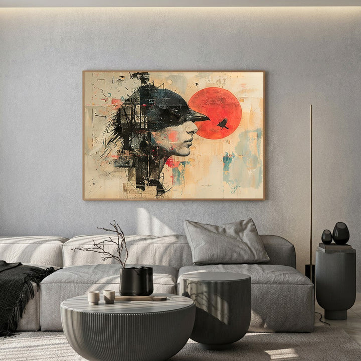 Wadi Home abstract portrait artwork with a profile and a red sun. Features bold lines and textured elements.