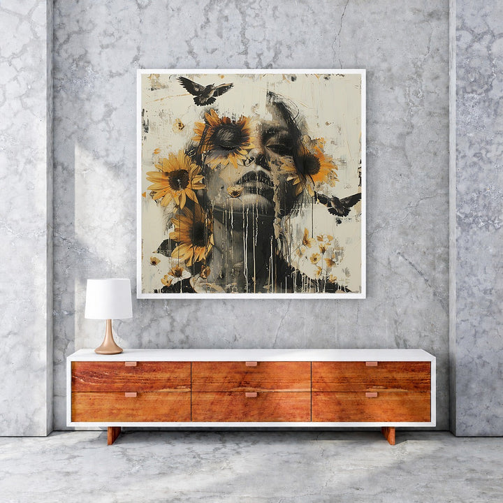 Wadi Home abstract portrait wall art with sunflowers and birds, monochromatic portrait with yellow sunflowers and black birds.