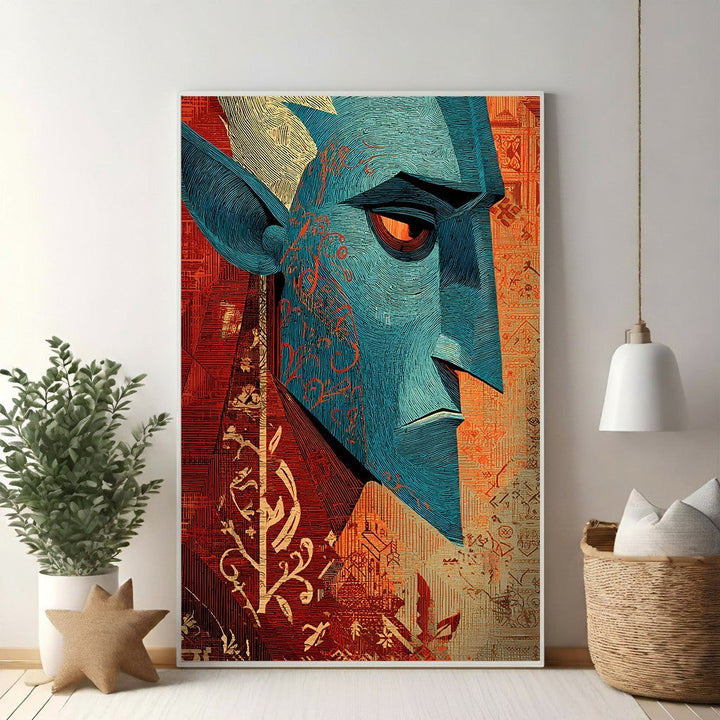 Wadi Home abstract portrait wall art featuring a blue-skinned figure with red and gold accents, intricate linework, and textured background.