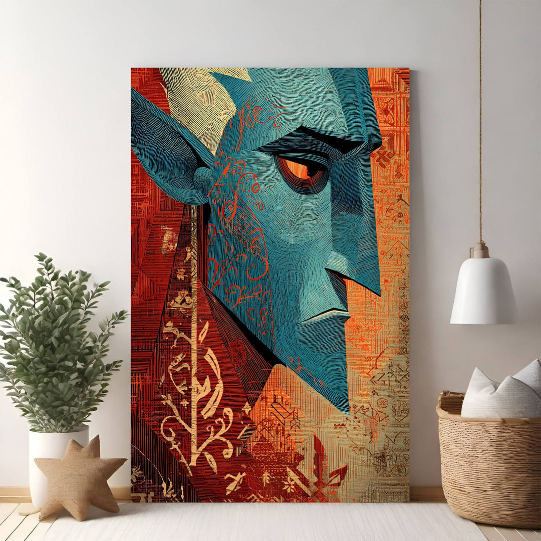Wadi Home abstract portrait wall art featuring a blue-faced figure with red and gold accents. Detailed linework and textured background.