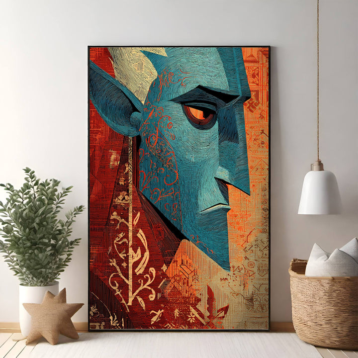 Wadi Home abstract portrait wall art featuring a blue face with red and gold accents, intricate linework, and textured background.