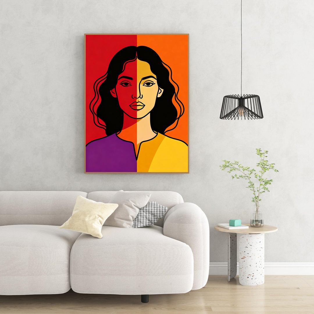 Wadi Home abstract portrait wall art with bold color-block design in red, orange, yellow, purple, and black outline.