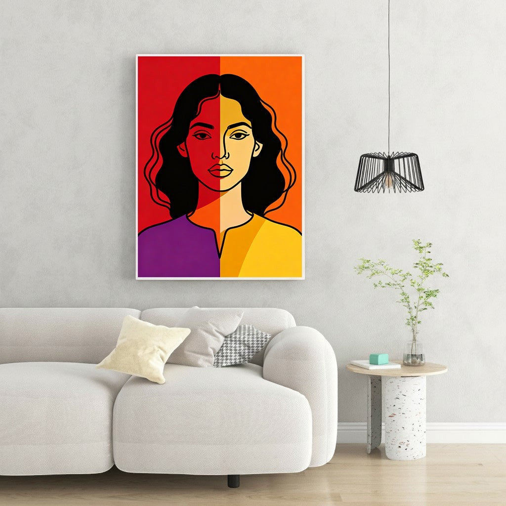 Wadi Home abstract portrait wall art with bold color-block design in red, orange, yellow, purple, and black outline.