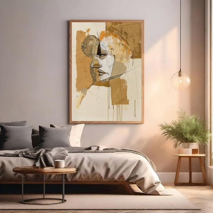 Wadi Home abstract portrait wall art in earthy tones with dynamic lines, framed in wood, displayed above a bed.