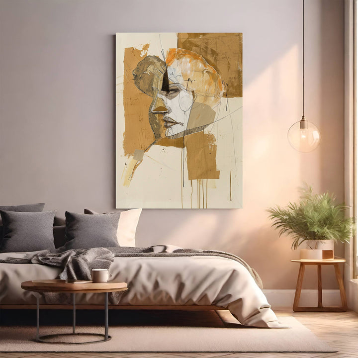 Wadi Home abstract portrait wall art in earthy tones with dynamic lines and expressive features.