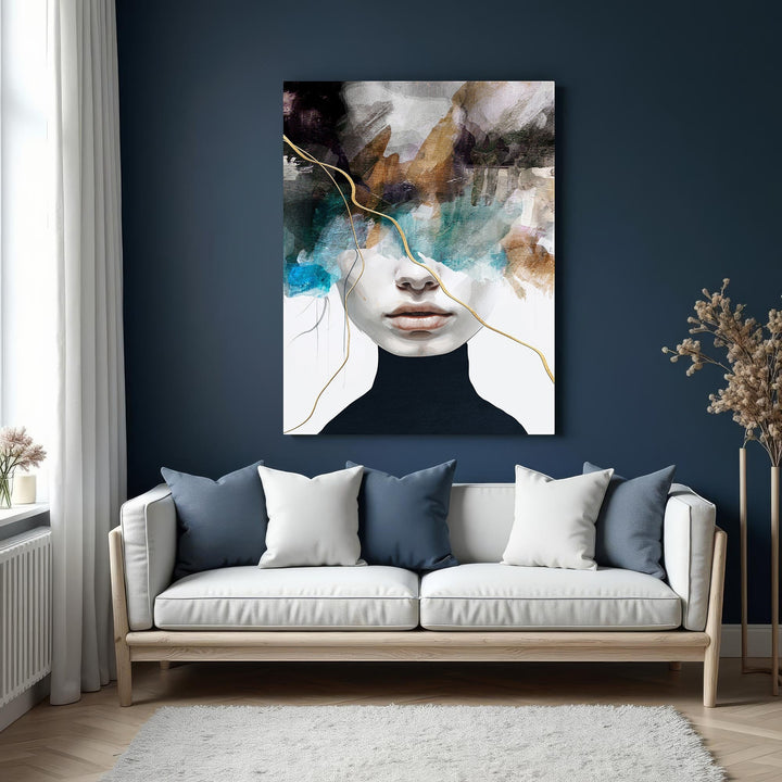 Wadi Home abstract portrait wall art with muted tones, vibrant splashes, and gold accents. Features a woman's face with eyes obscured by abstract brushstrokes.