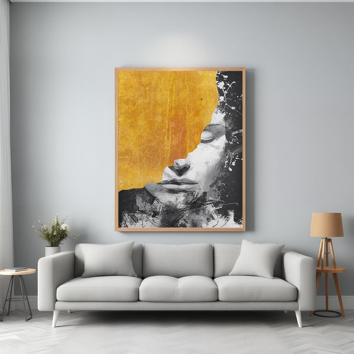 Wadi Home abstract portrait wall art in monochrome and gold with textured finish and dynamic brushstrokes.