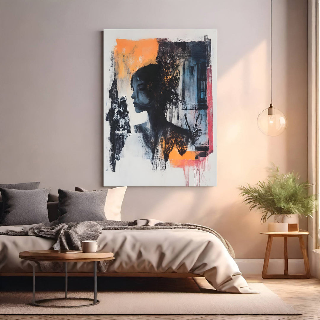 Wadi Home abstract portrait wall art featuring a profile in black, white, and orange with textured brushstrokes.