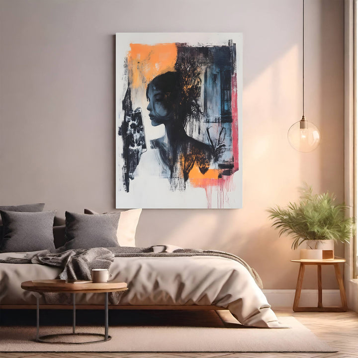 Wadi Home abstract portrait wall art featuring a profile in black, white, and orange with textured brushstrokes.