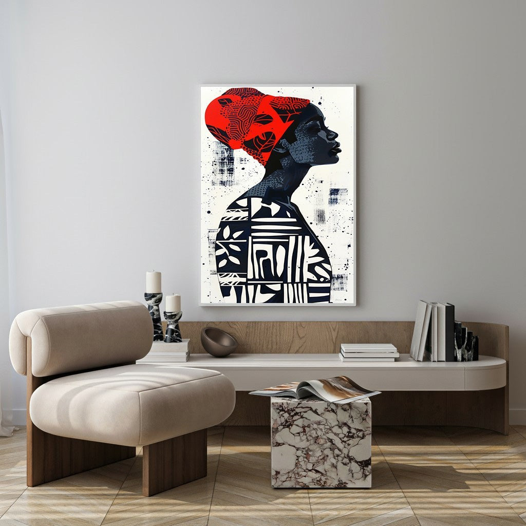 Wadi Home abstract portrait wall art featuring a woman in profile with a red headwrap and graphic patterns on her body.
