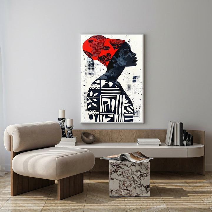 Wadi Home abstract portrait wall art featuring a woman in profile with a red headwrap and graphic patterns on her body.