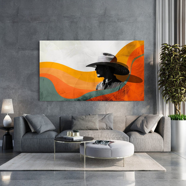 Wadi Home abstract portrait of a figure in profile wearing a wide-brimmed hat, with monochrome tones and abstract orange and yellow waves.