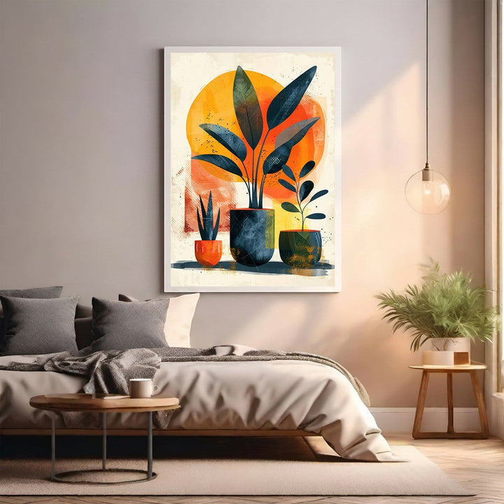 Wadi Home abstract potted plant wall art with warm oranges, deep blues, and greens. Modern botanical print.