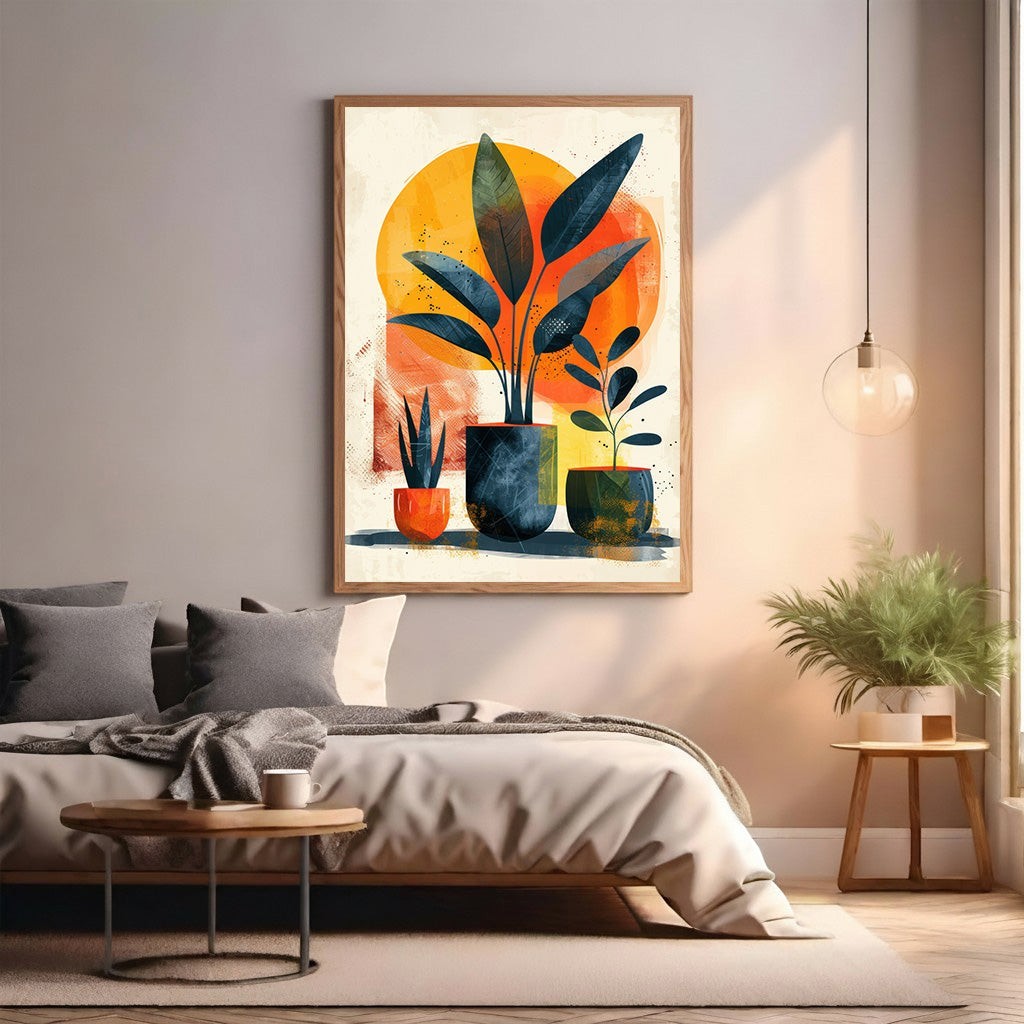 Wadi Home abstract potted plant wall art with warm oranges, deep blues, and lush greens. Modern botanical art.