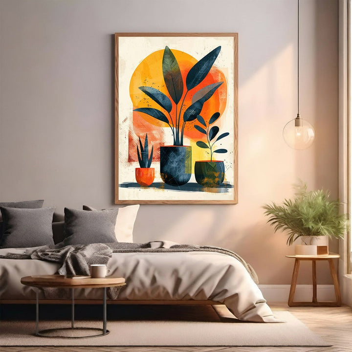 Wadi Home abstract potted plant wall art with warm oranges, deep blues, and lush greens. Modern botanical art.