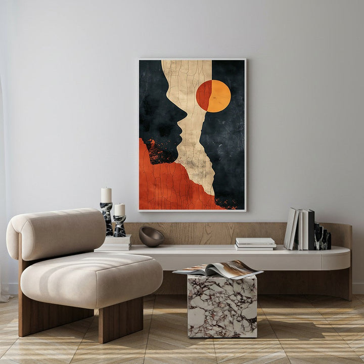 Wadi Home abstract wall art with profile silhouette, sun motif, terracotta, charcoal, and cream.