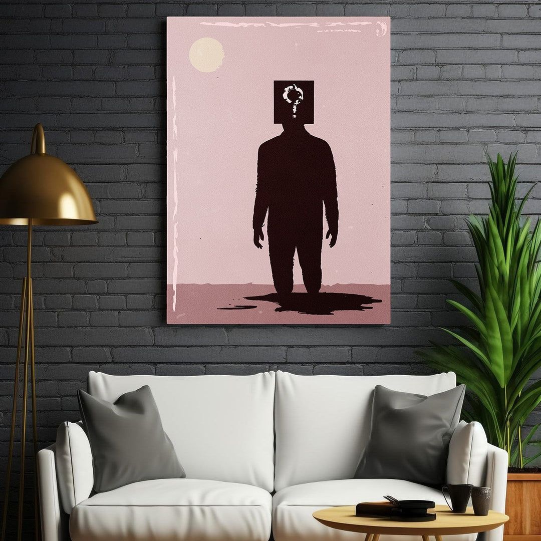 Wadi Home abstract wall art print of a dark silhouette figure with a question mark head, standing in water.