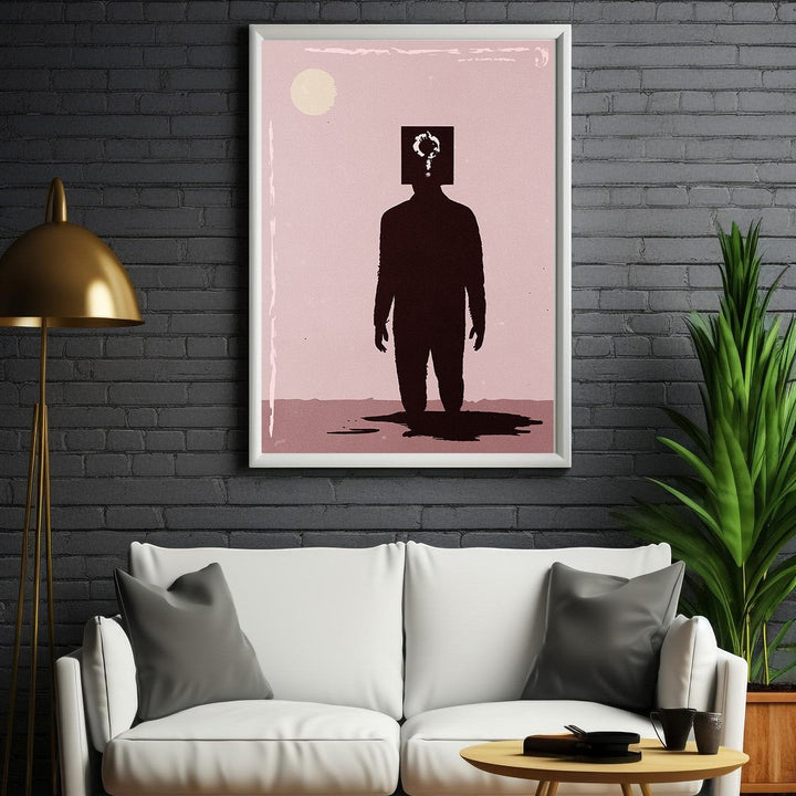Wadi Home abstract wall art print of a dark silhouette figure with a question mark head, set against a muted pink background with a pale yellow circle.
