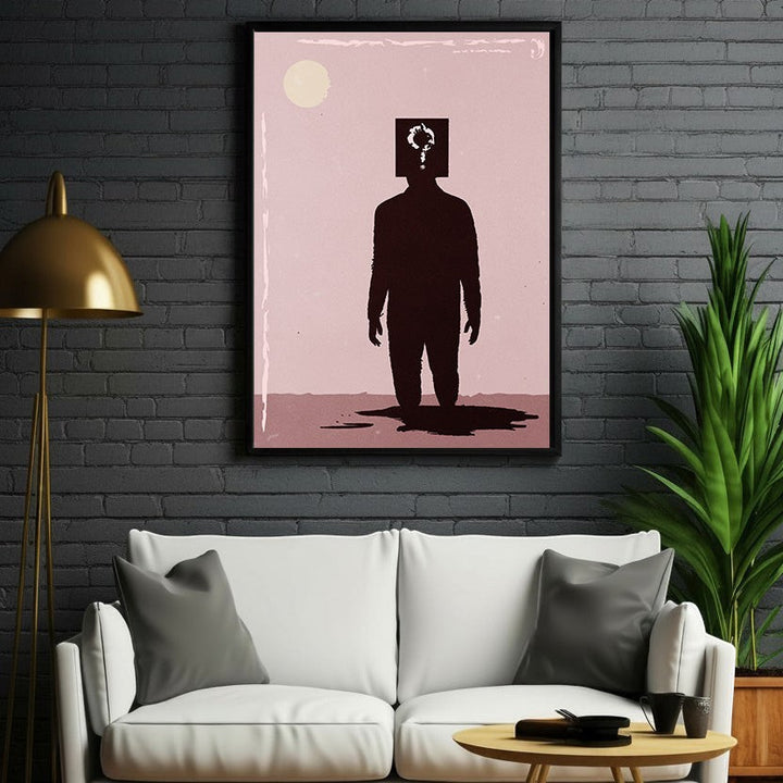 Wadi Home abstract wall art print of a silhouette figure with a question mark head, muted pink background, framed.