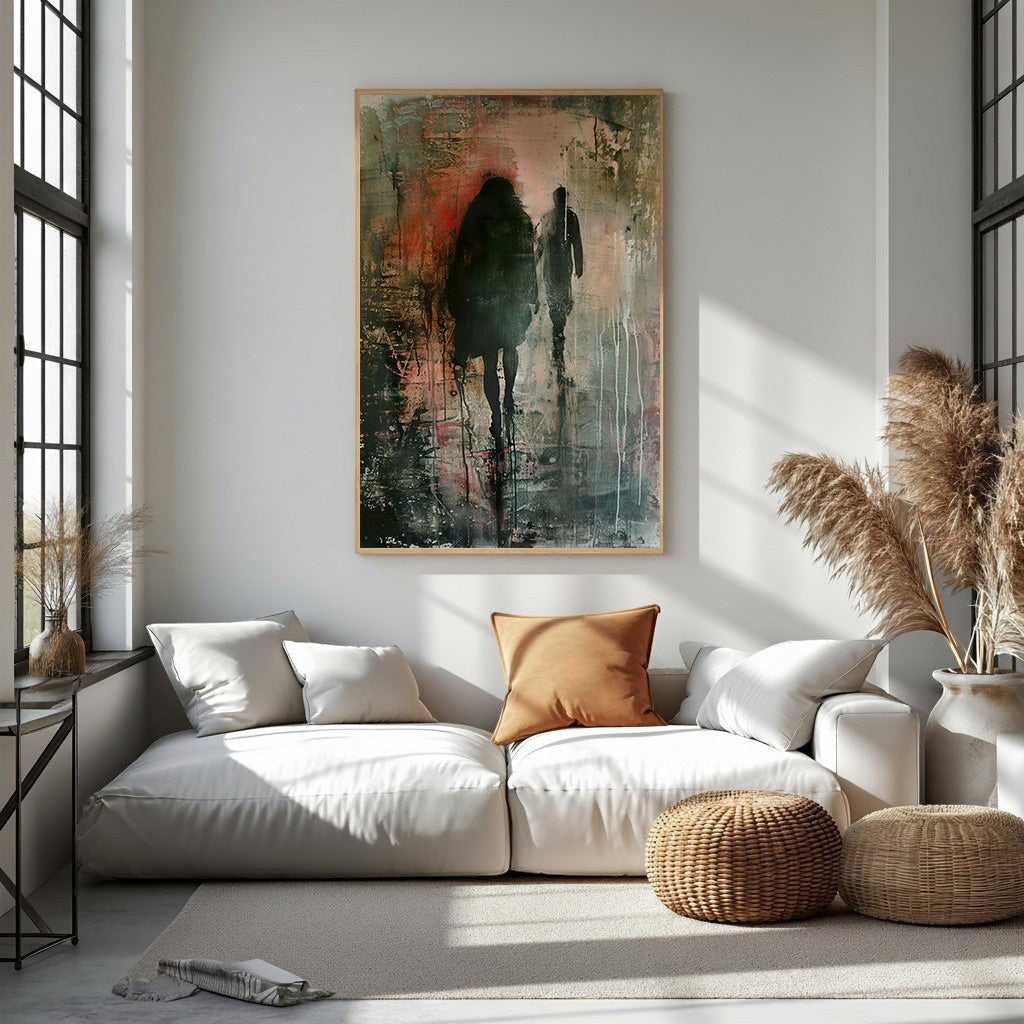 Wadi Home abstract wall art of two silhouetted figures walking in the rain, moody greens, grays, and orange.
