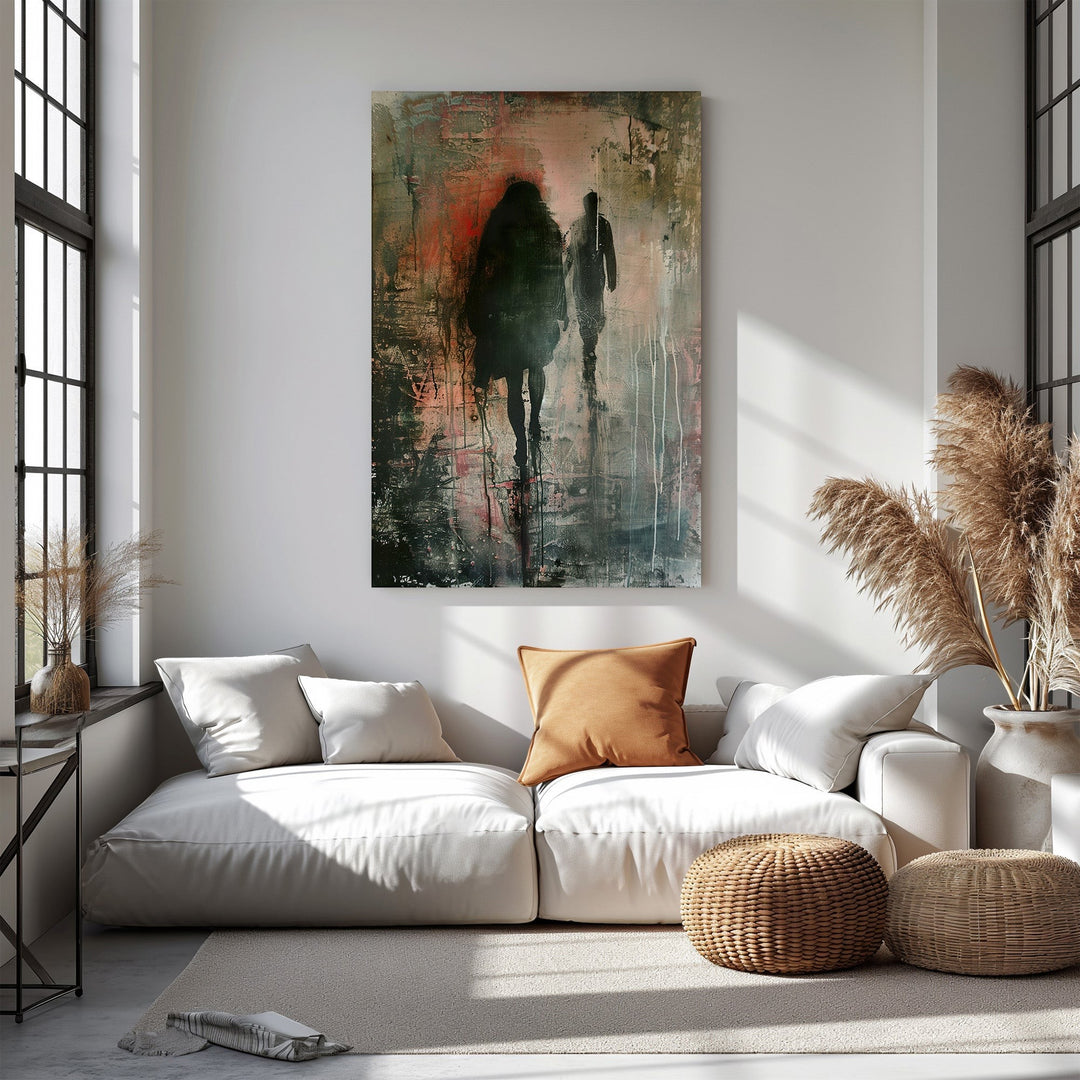 Wadi Home abstract wall art of two silhouetted figures walking in the rain, moody greens, grays, and orange.
