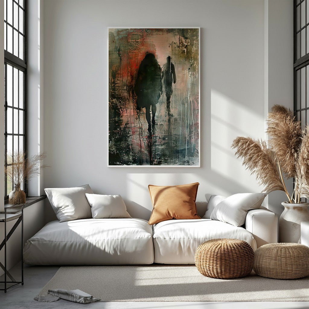 Wadi Home abstract wall art of two silhouetted figures walking in the rain, moody greens, grays, and orange.