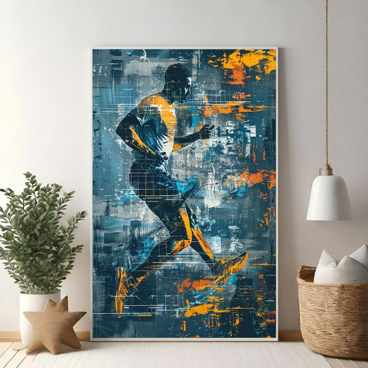 Wadi Home abstract runner canvas wall art with dynamic silhouette in blues, oranges, and yellows.