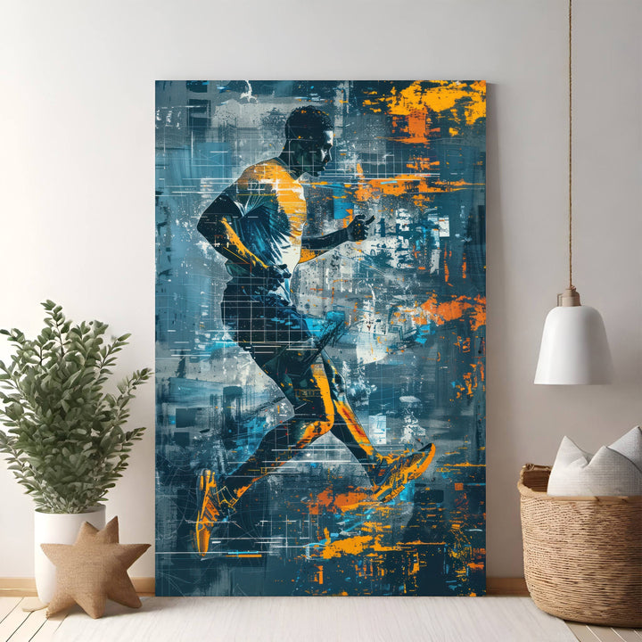 Wadi Home abstract canvas art of a runner in motion, featuring blues, oranges, and yellows.