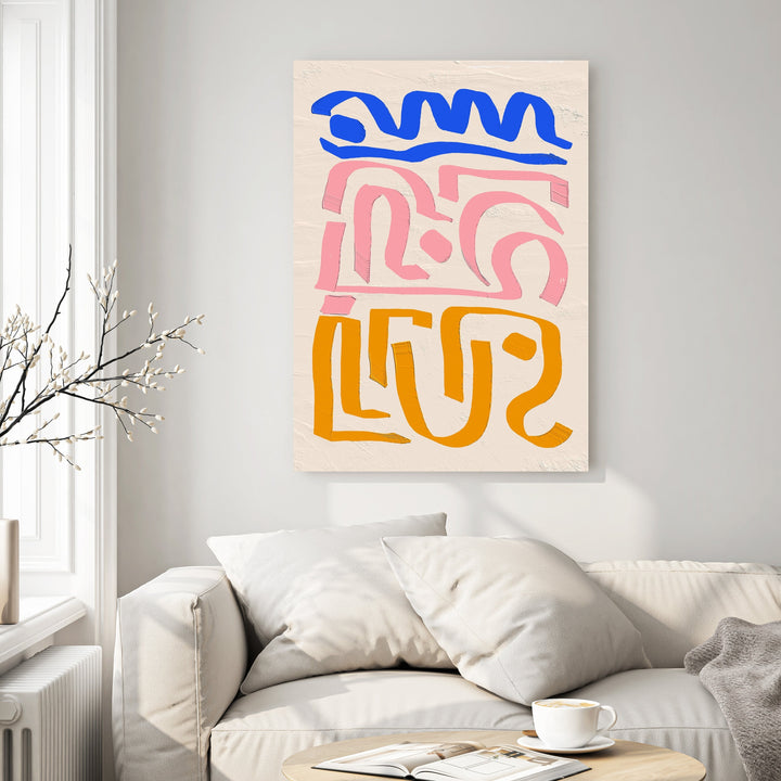 Wadi Home abstract wall art with blue, pink, and orange organic shapes on a textured cream background.