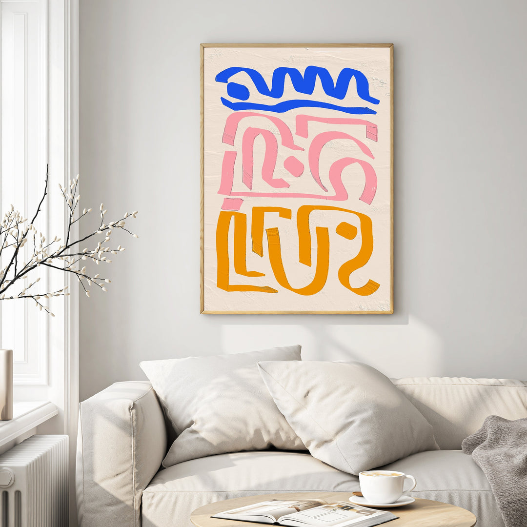 Wadi Home abstract wall art with blue, pink, and orange organic shapes on textured cream background.