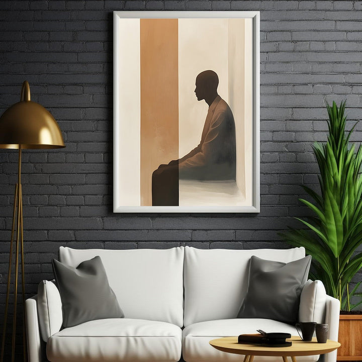 Wadi Home abstract silhouette portrait wall art, minimalist design with a seated figure in neutral tones.