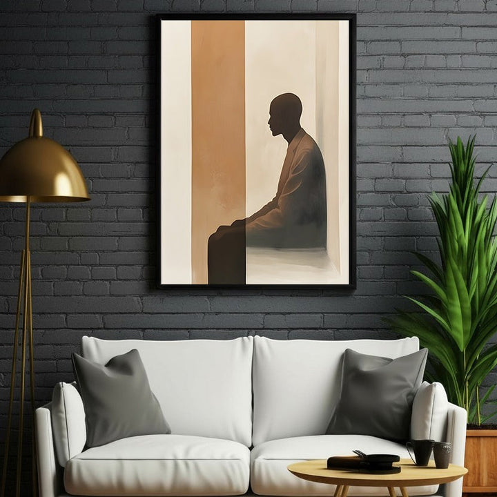 Wadi Home abstract silhouette portrait wall art featuring a seated figure in neutral tones. Modern minimalist decor.