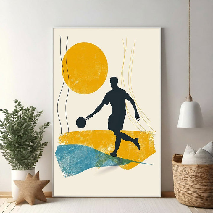Wadi Home abstract soccer player wall art with yellow sun and blue textured shapes.