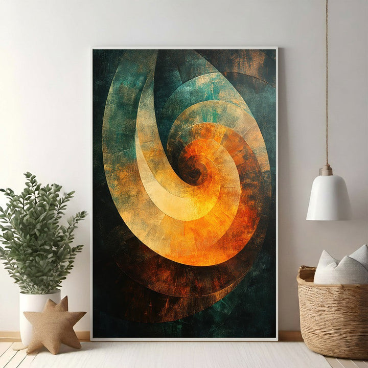 Wadi Home abstract spiral wall art in deep teal, burnt orange, and golden yellow with textured finish.