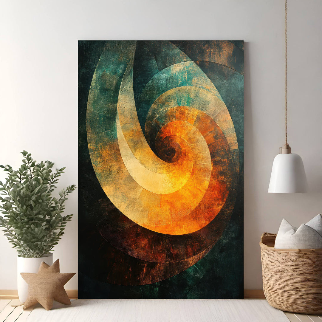 Wadi Home abstract spiral wall art in teal, burnt orange, and yellow with textured finish.