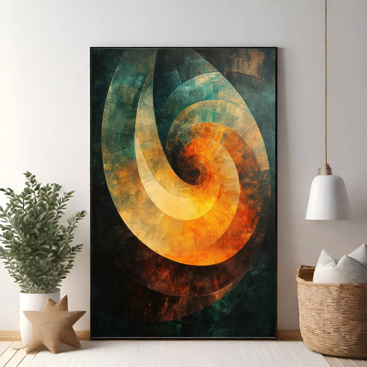 Wadi Home abstract spiral wall art in deep teal, burnt orange, and golden yellow with textured finish.