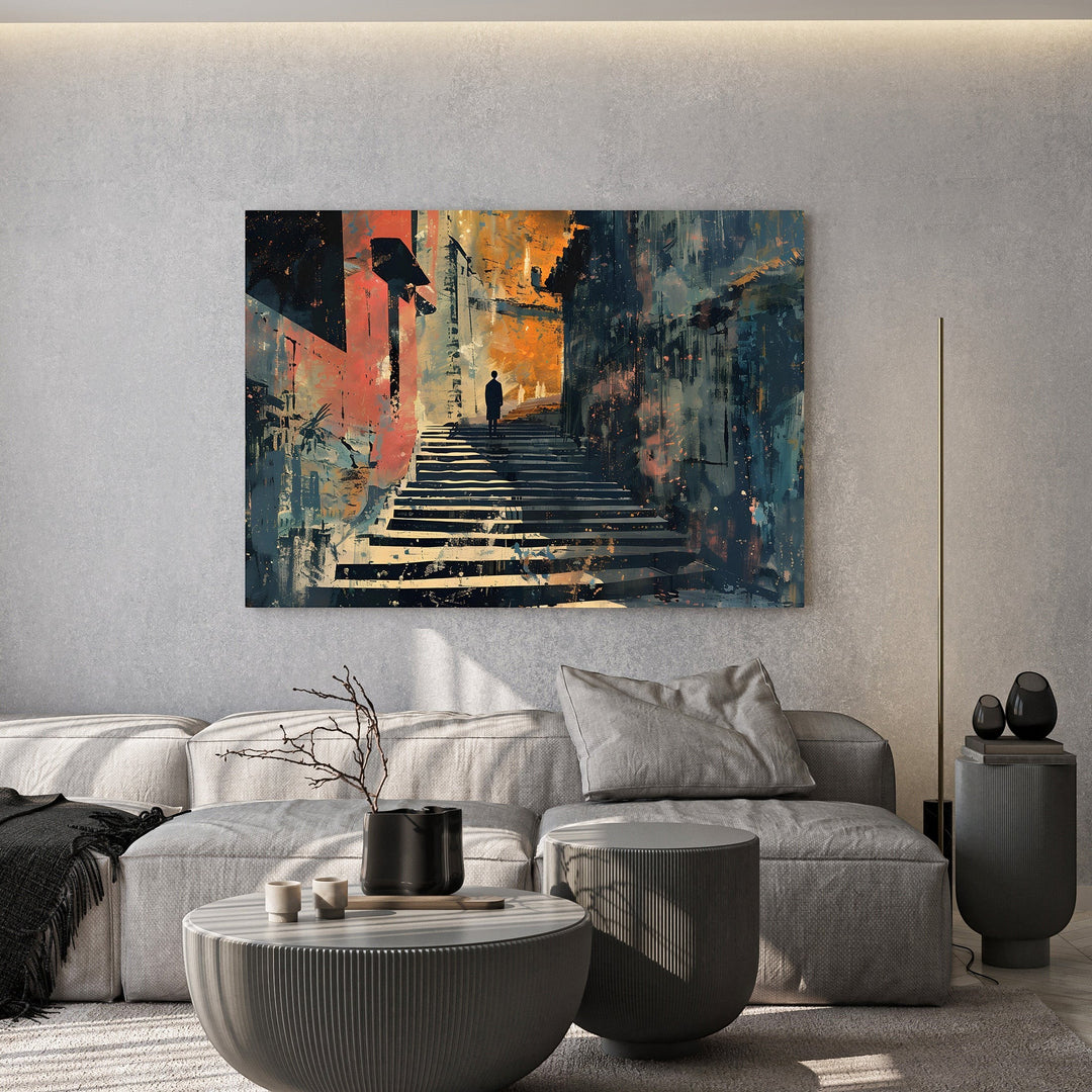 Wadi Home abstract stairway wall art with a solitary figure ascending dramatic stairs, featuring blues, oranges, and reds.