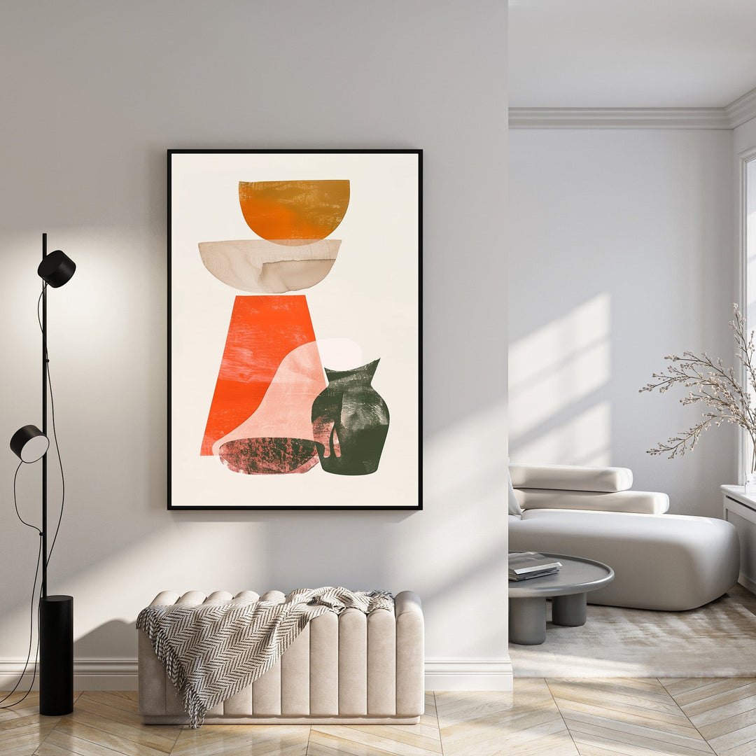 Wadi Home abstract still life wall art with burnt orange, deep green, and neutral shapes. Textured painterly effect.