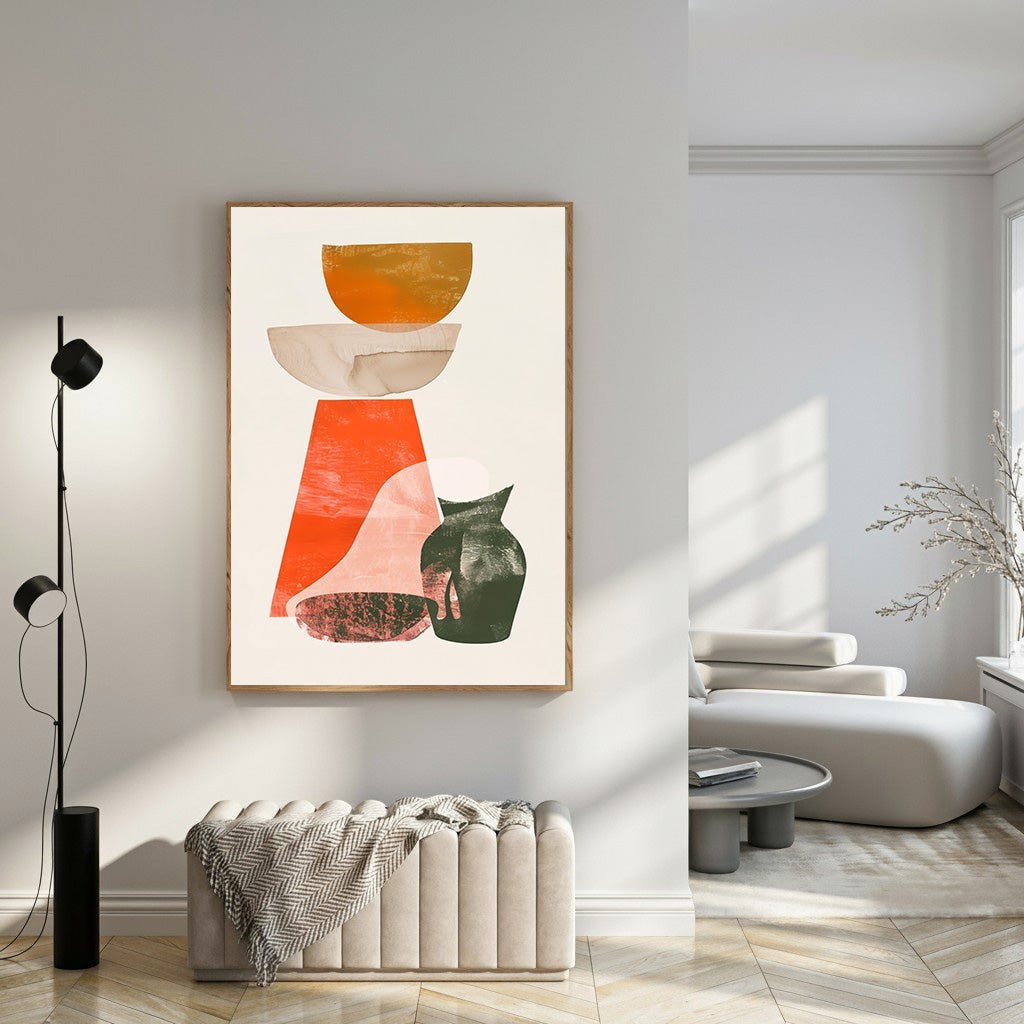 Wadi Home abstract still life wall art with burnt orange, green, and neutral tones. Textured painterly effect.