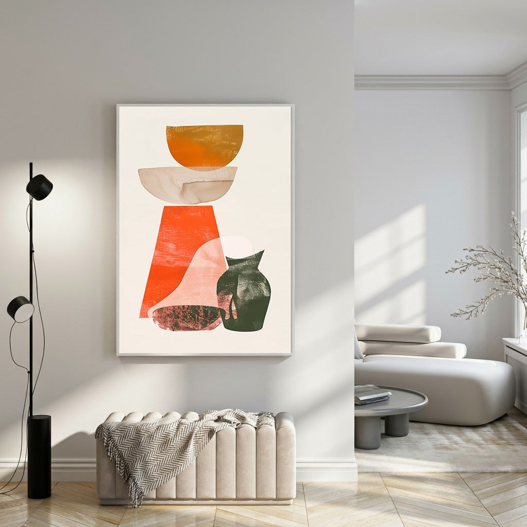 Wadi Home abstract still life art with burnt orange, green, and neutral shapes. Textured painterly effect.