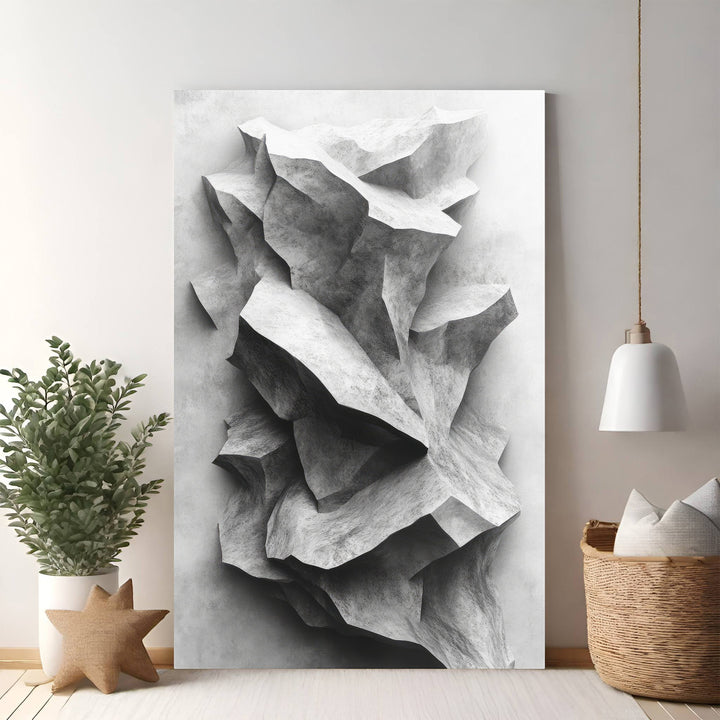 Wadi Home abstract monochromatic stone formation wall art with textured, geometric shapes and dramatic shadows.