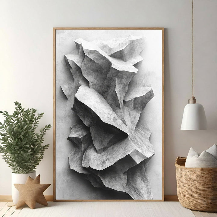 Wadi Home abstract monochromatic stone formation wall art with intricate textures and dramatic shadows.