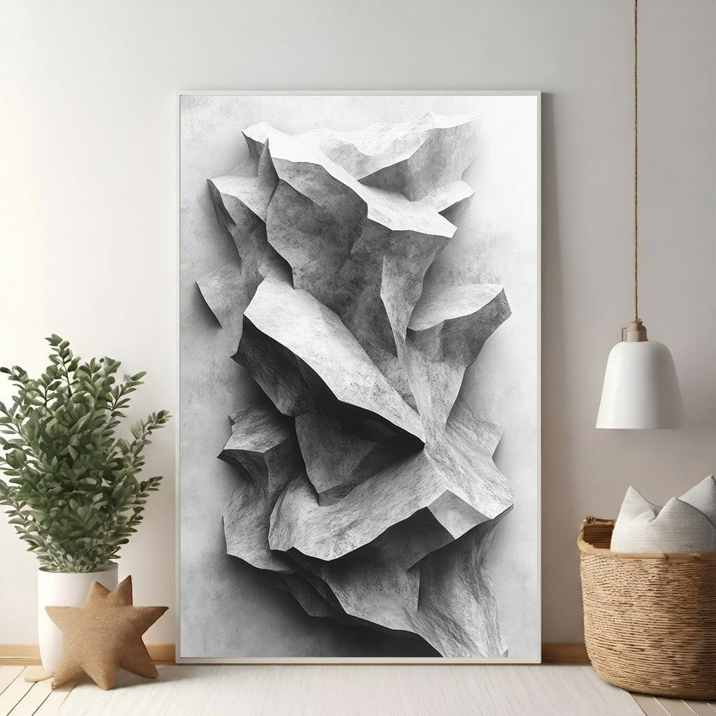 Wadi Home abstract monochromatic stone formation wall art with intricate textures and dramatic shadows.