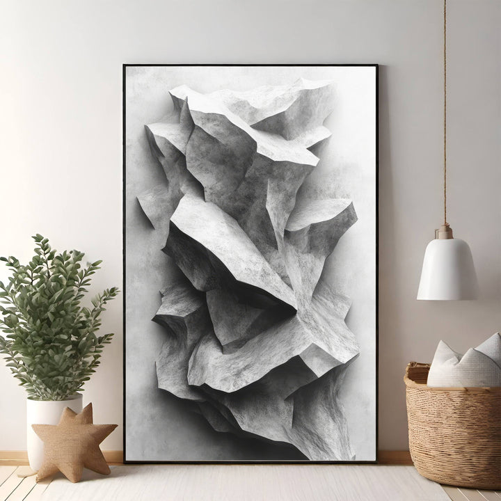 Wadi Home abstract monochromatic stone formation wall art with intricate textures and dramatic shadows.